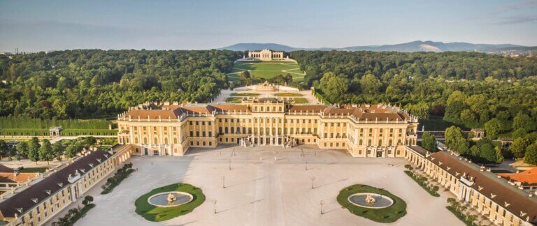 Schönbrunn Palace Vienna panoramic view with gardens and city skyline