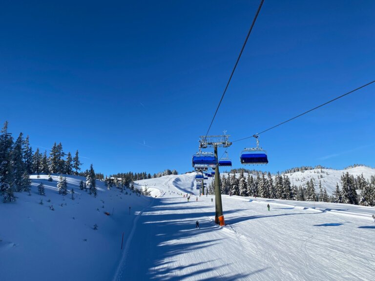 Saalbach Hinterglemm ski slopes with alpine mountain panorama in winter