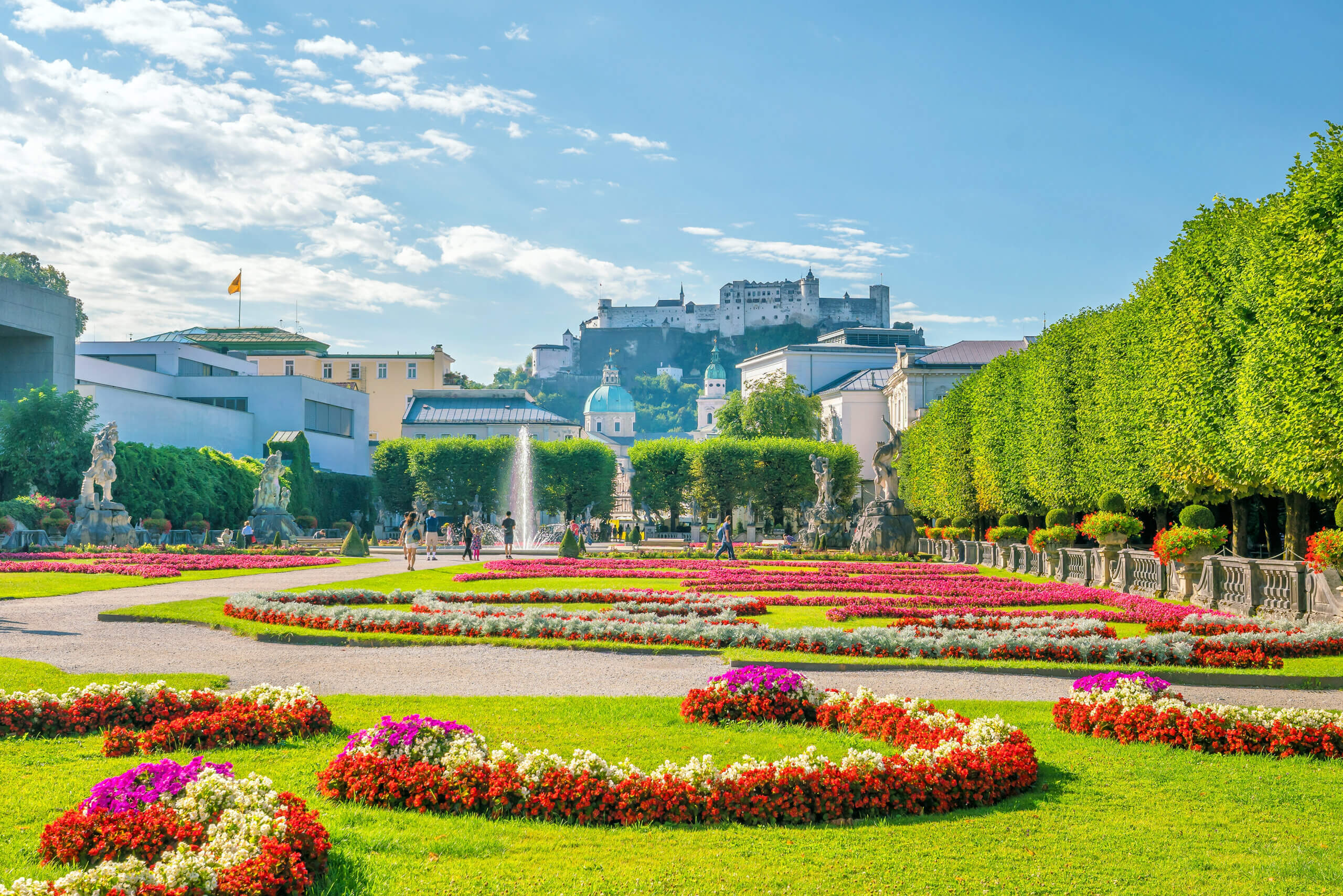 Mirabell Gardens with Hohensalzburg Fortress in Salzburg