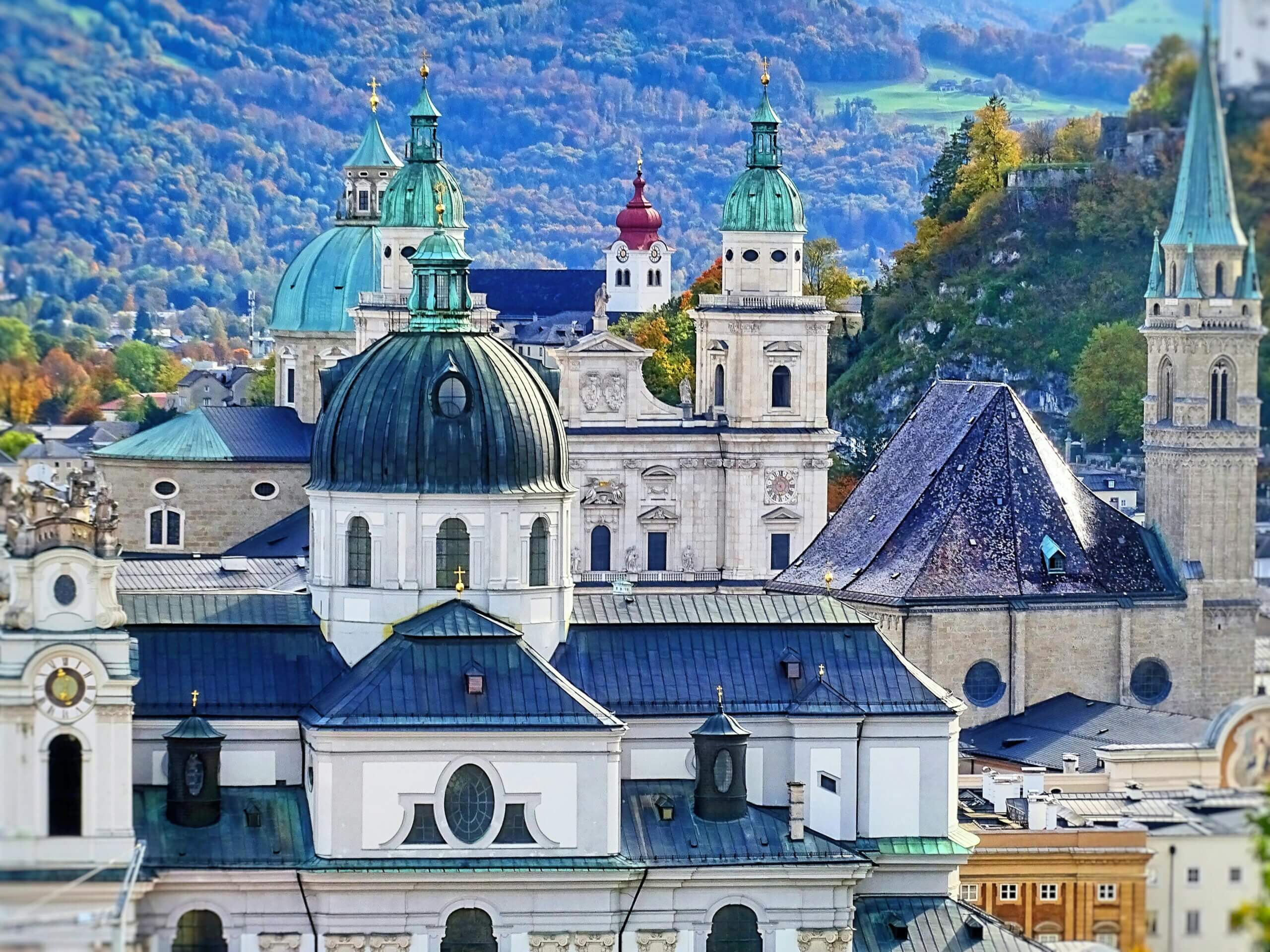 Salzburg old town with cathedral domes and Hohensalzburg Fortress