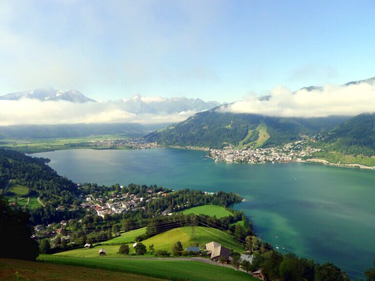 Panoramic view of Zell am See lake and surrounding Alps in Austria