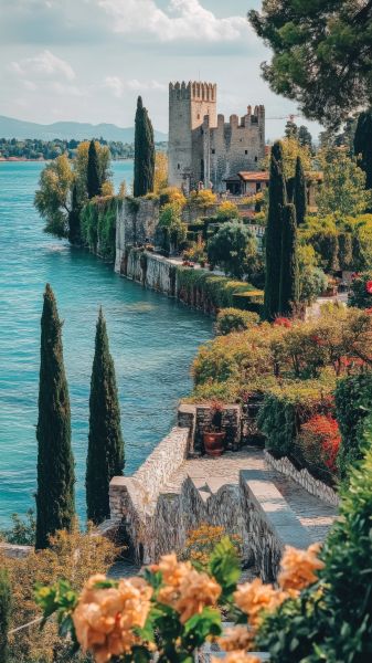 Sirmione's medieval castle on Lake Garda in warm sunlight