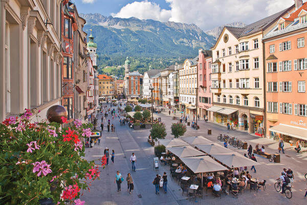 Innsbruck old town with the Nordkette mountains, start of an Austria rail journey