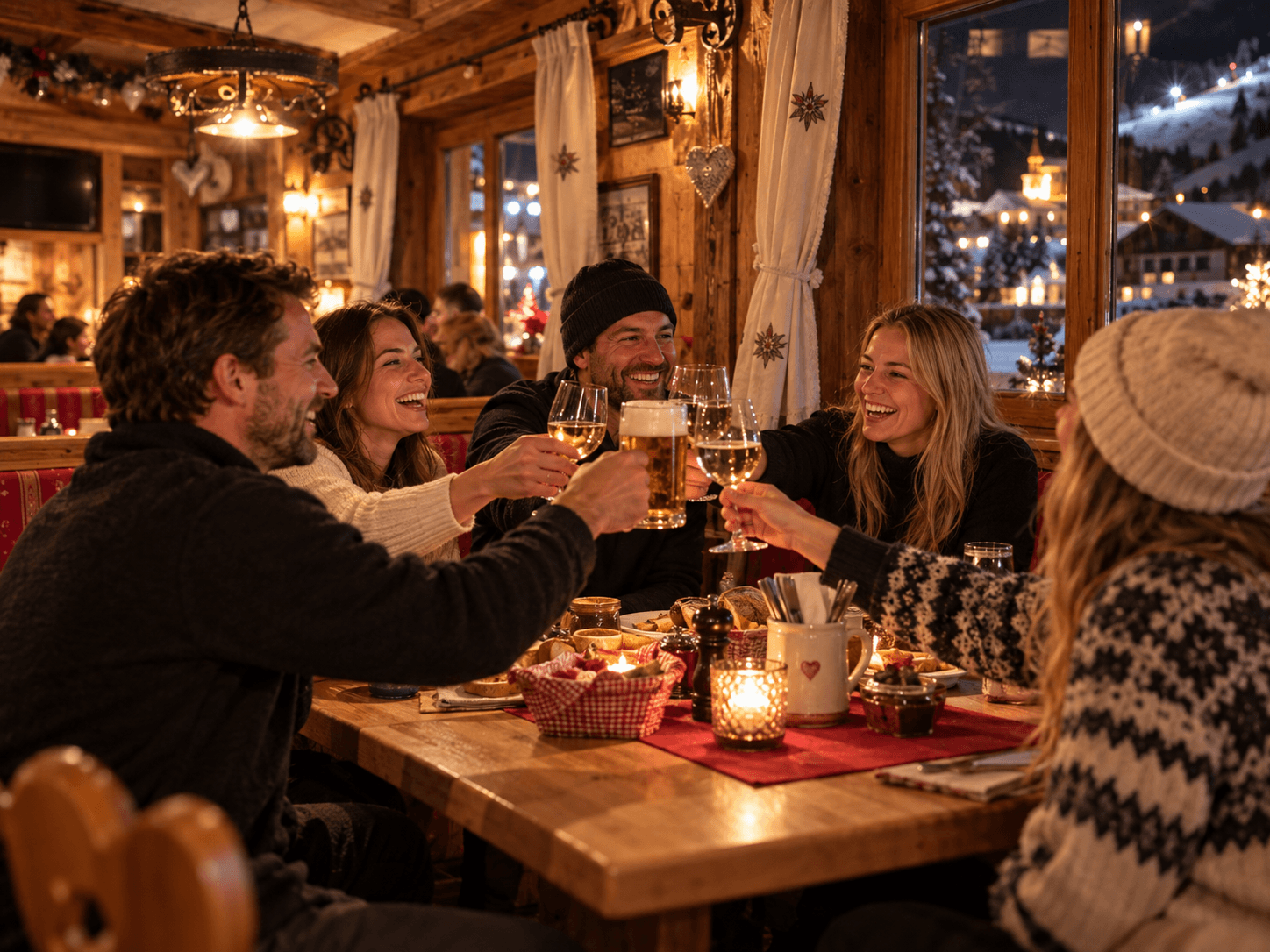 Friends raising a toast in a cosy Alpine stube in the evening
