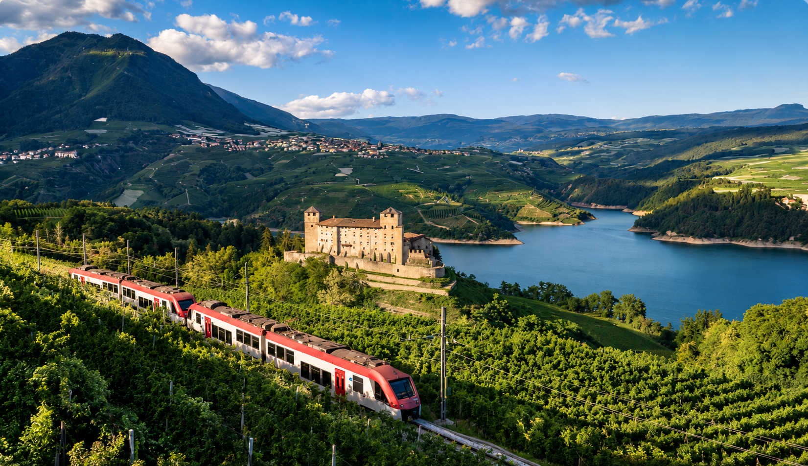 A little train in an Alpine valley in Trentino, with a castle and a lake