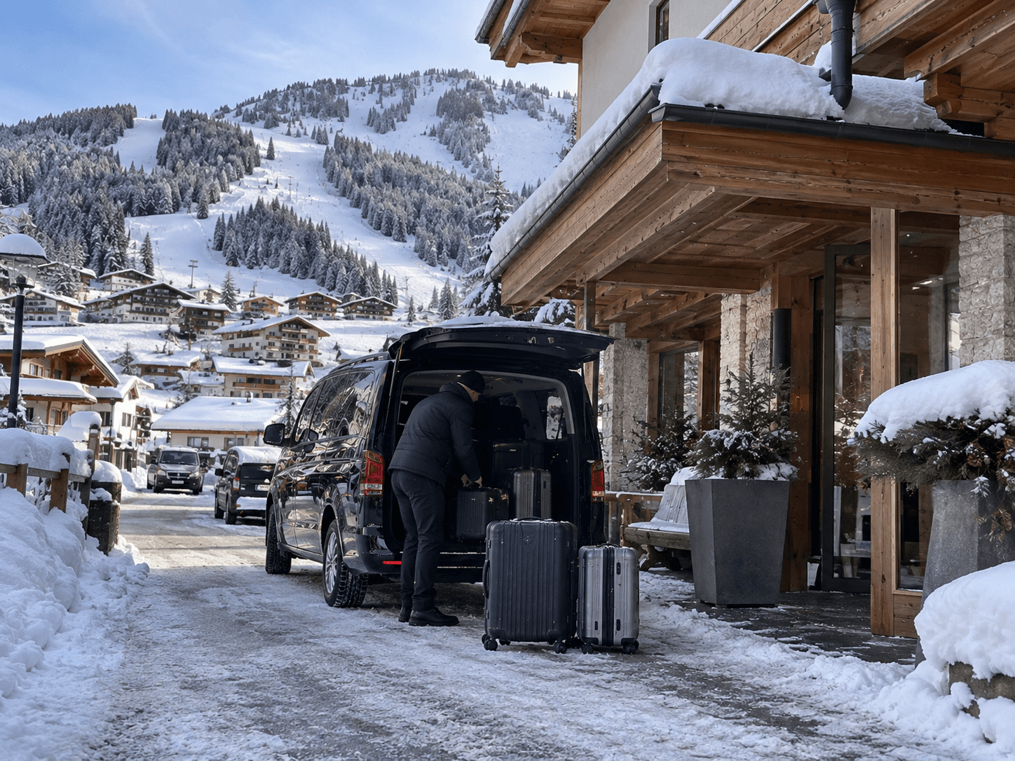 Arriving in a snowy Alpine village