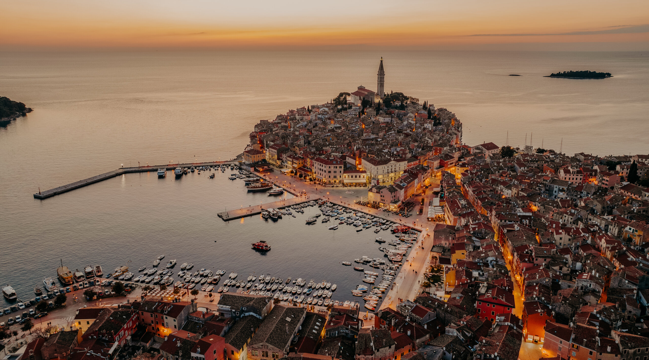 Rovinj old town on its peninsula at sunset