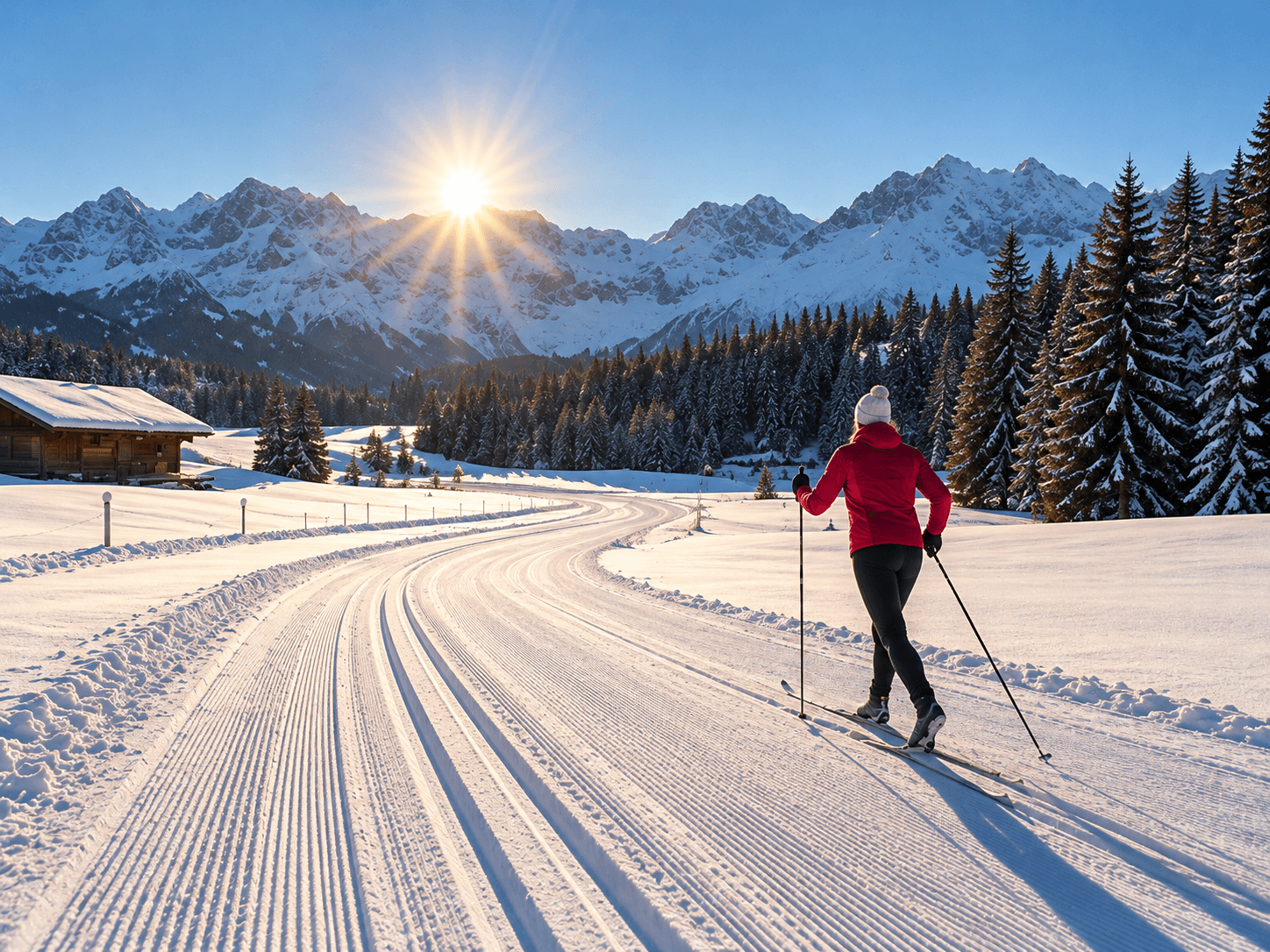 Cross-country skier in golden Alpine morning light