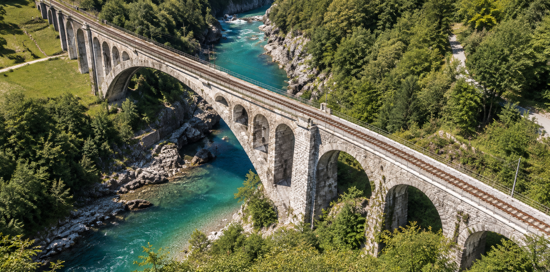 The Solkan stone railway bridge arching over the turquoise Soča river in Slovenia