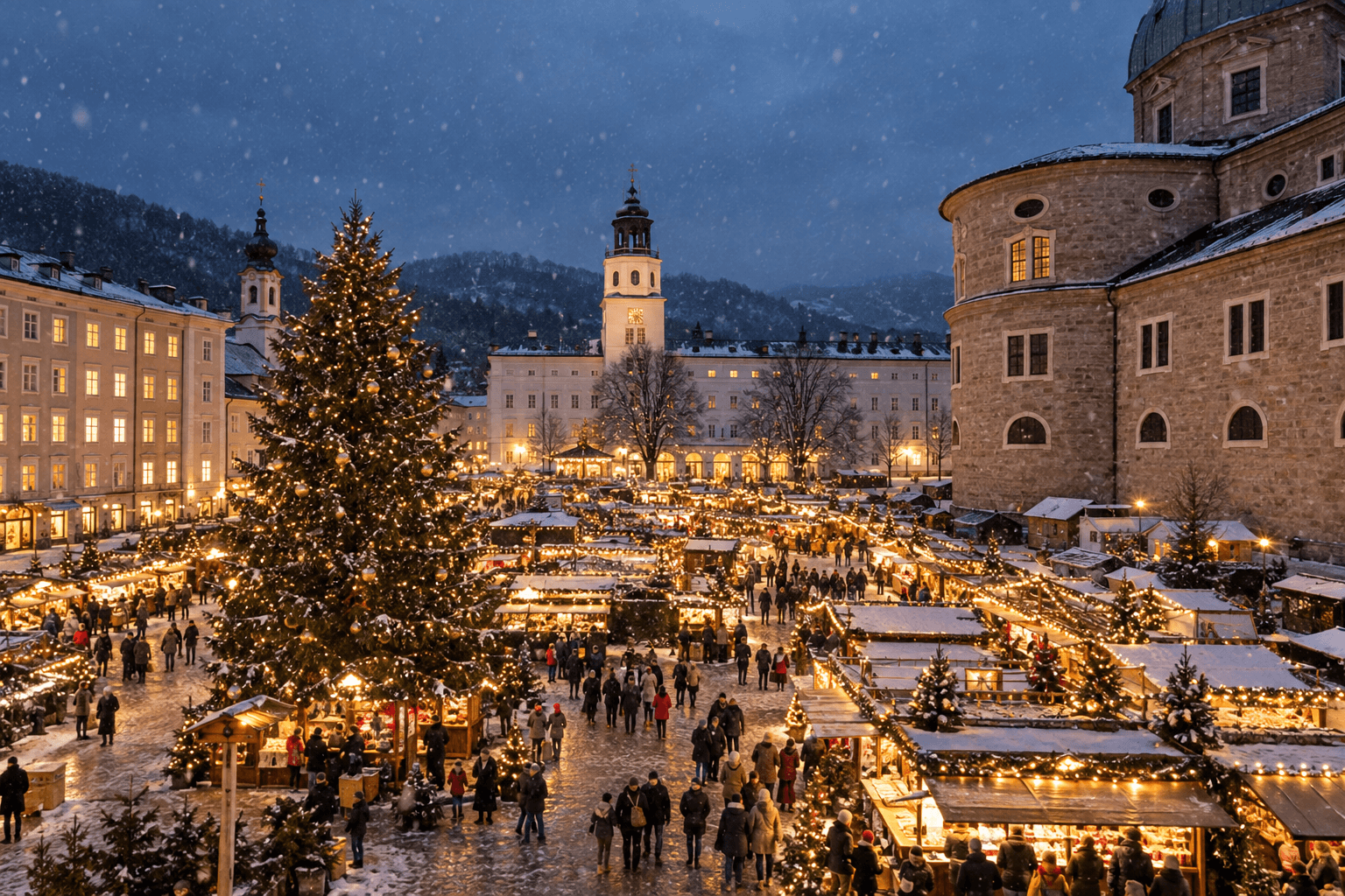 Snowy Christmas market in Salzburg's historic old town at dusk