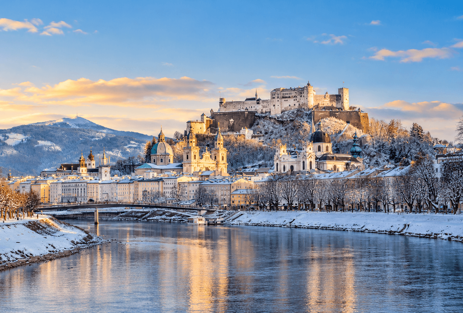 Salzburg in winter with the fortress above the river