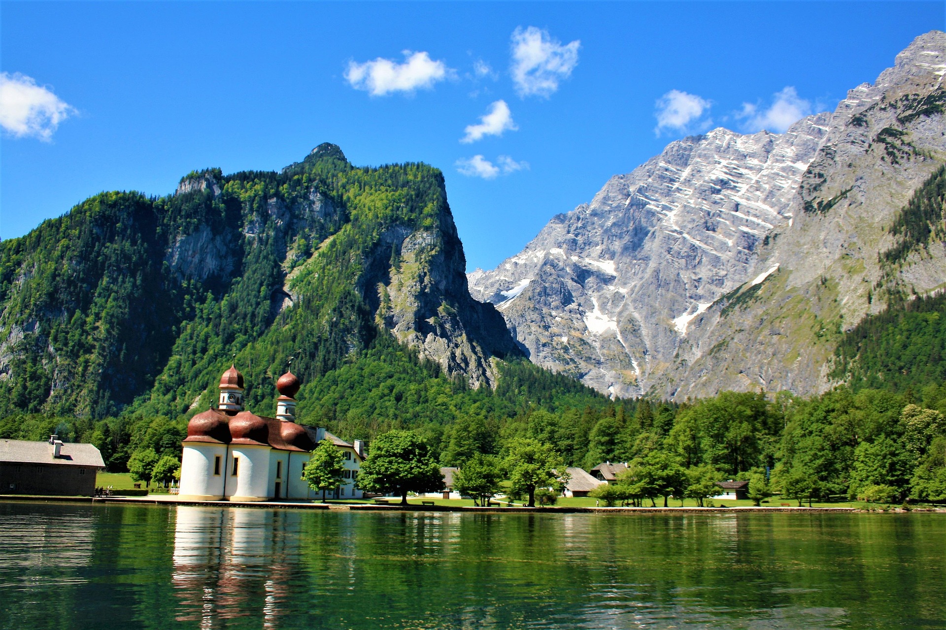 St. Bartholomä church on the Königssee with the Watzmann, Berchtesgaden