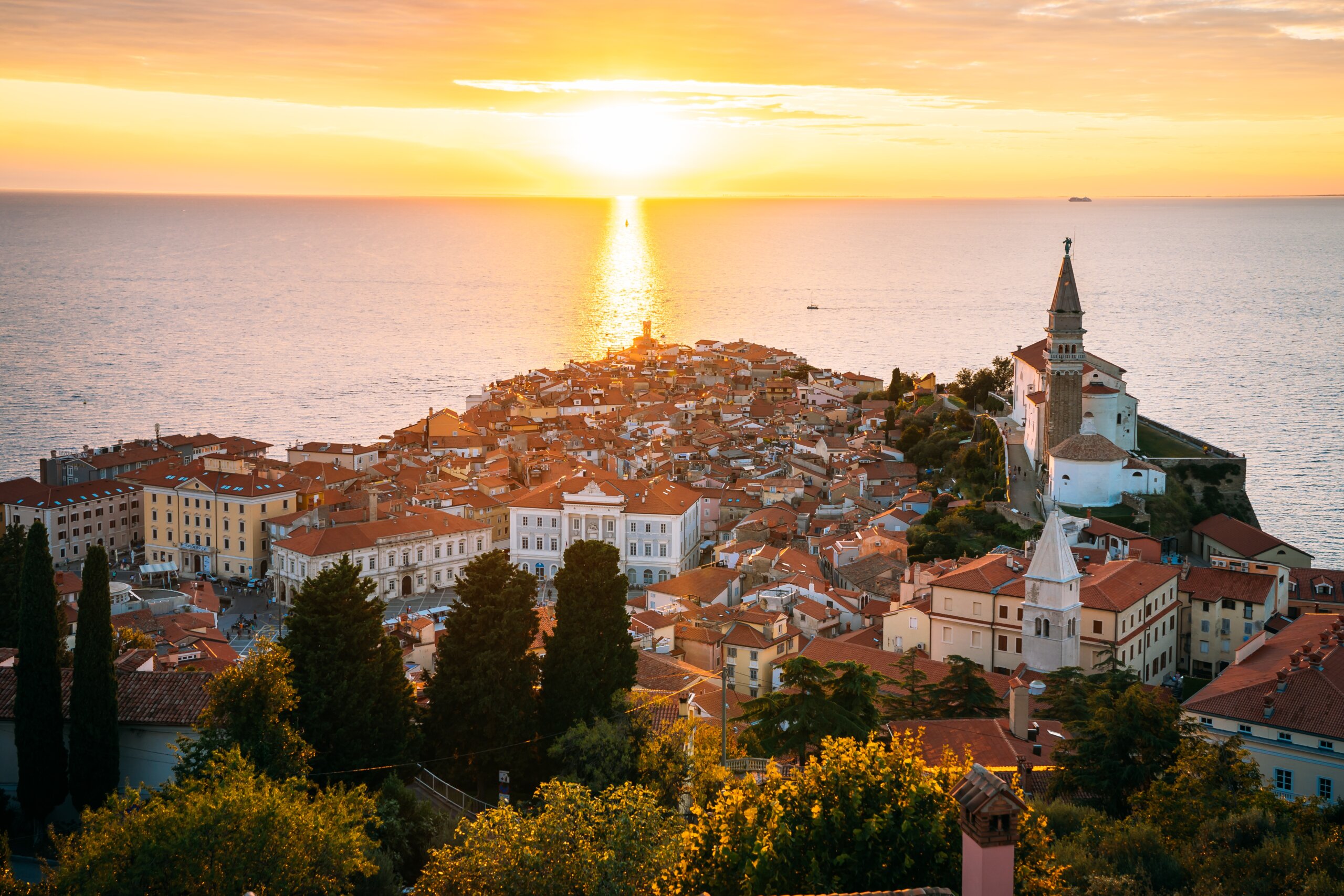 Piran's old town on its peninsula in the Adriatic Sea