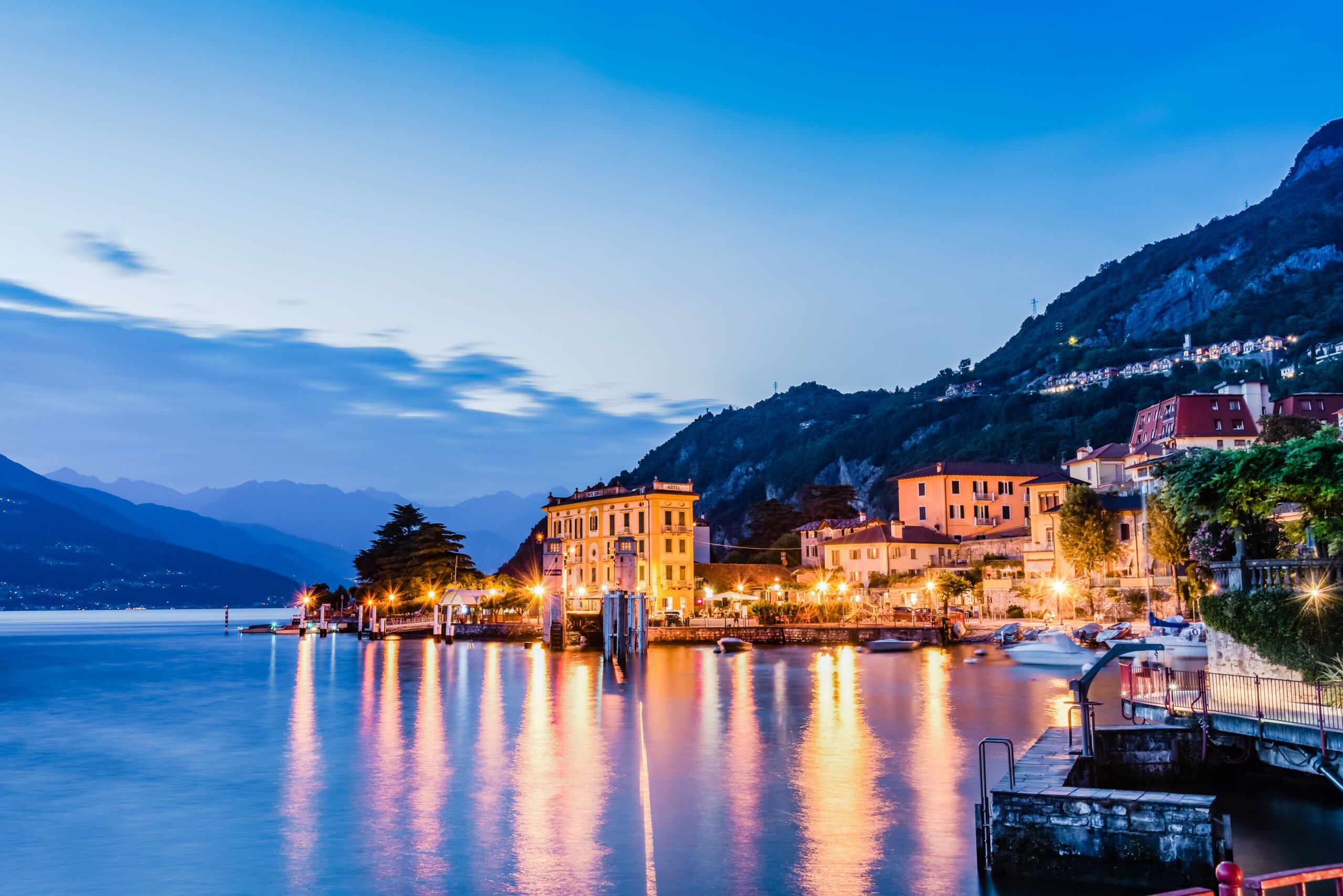 A lakeside village on Lake Como below the mountains