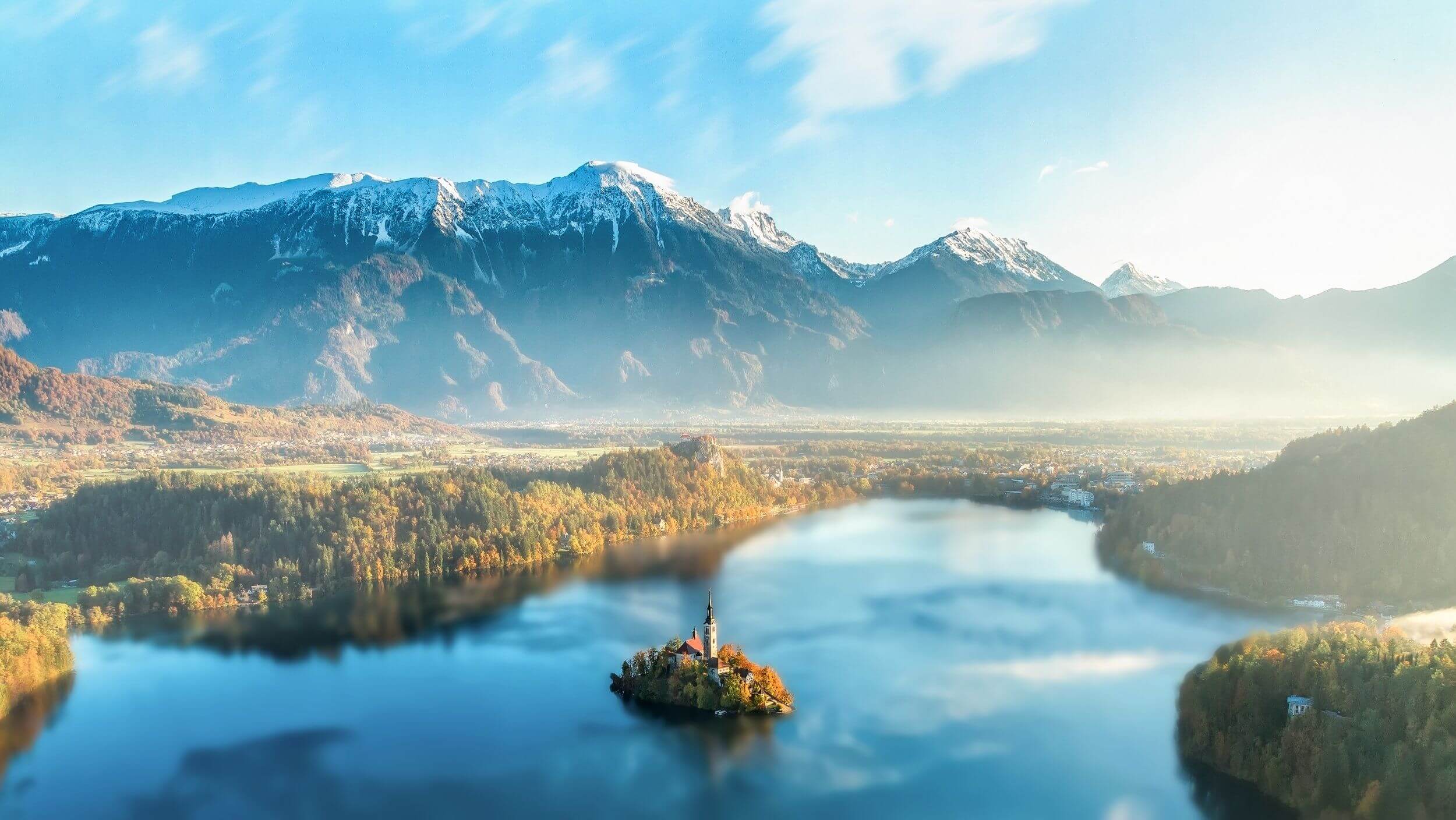 Lake Bled with its island church, surrounded by forest and mountains