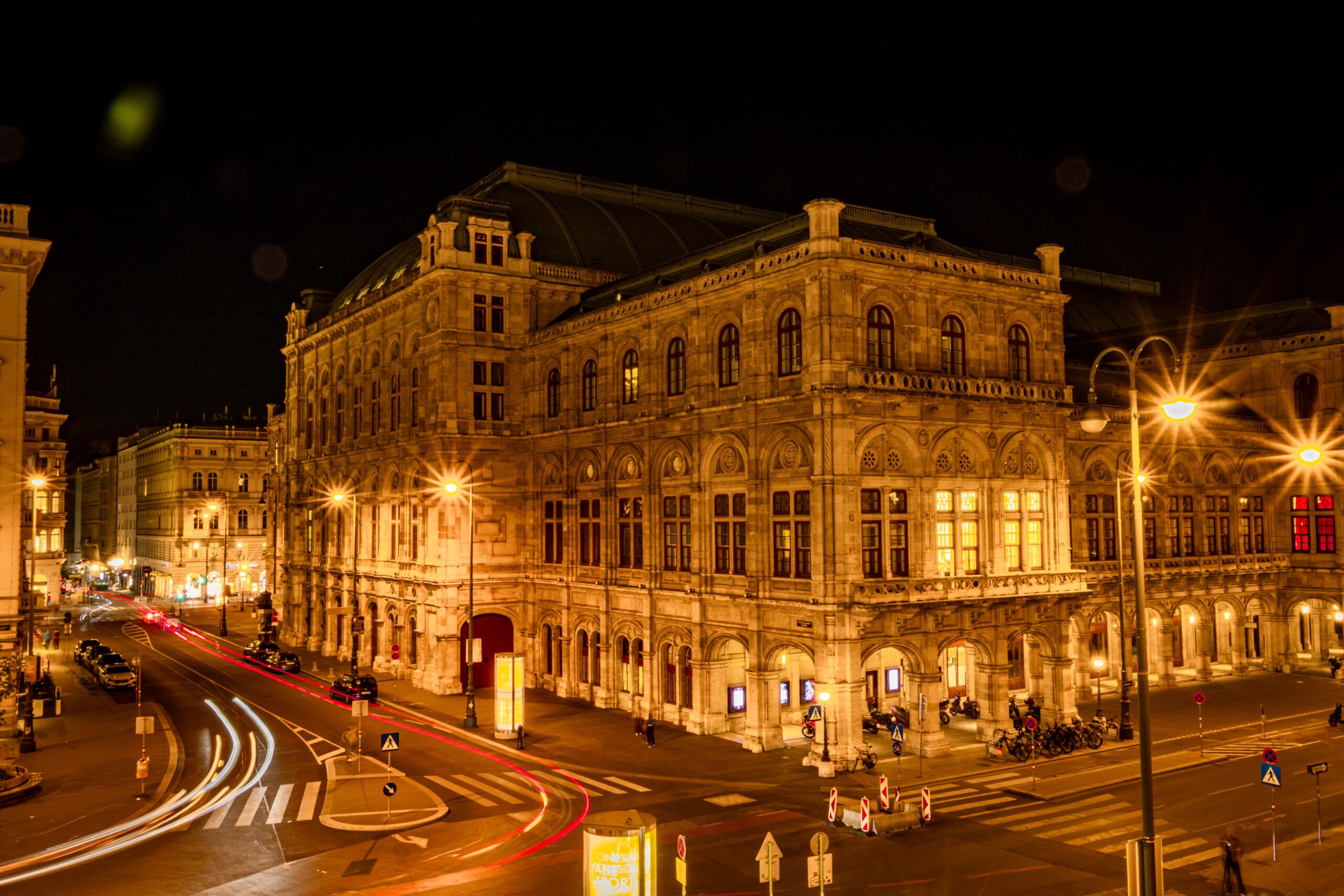 The Vienna State Opera lit up at night